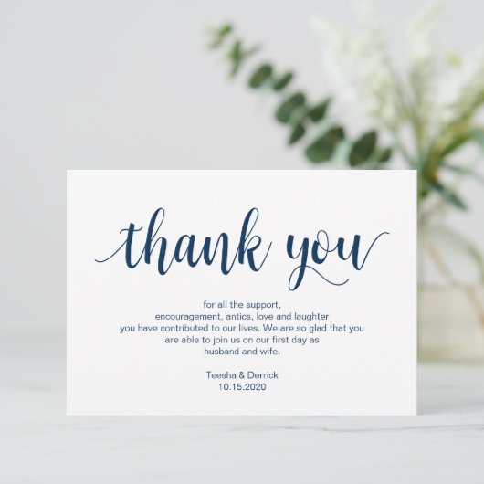 Rustiek Script, Navy blauw, bruiloft Dank u Informatiekaartje (Staand voorkant)