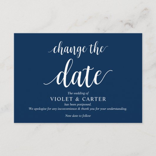Rustiek Script, Navy Blue Script, Huwelijksuitstel Informatiekaartje (Voorkant)