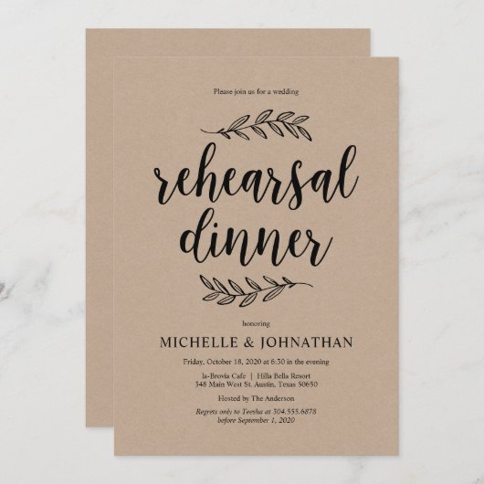 Rustiek Script, rustieke kraft, repetitiediner Kaart (Voorkant / Achterkant)