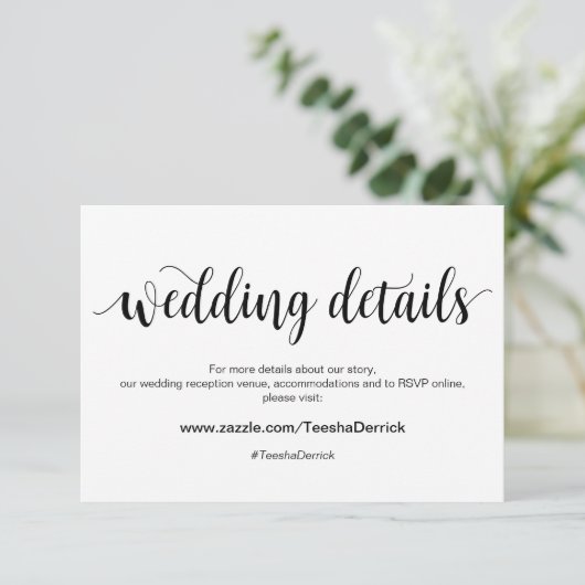 Rustiek script, zwart, details van de bruiloft, ha informatiekaartje (Staand voorkant)