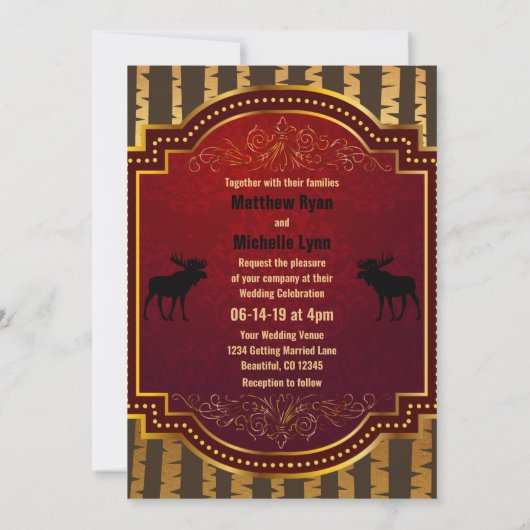 Rustiek Silhouet Moose, Gouden Aspen Bomen Bruilof Kaart (Achterkant)