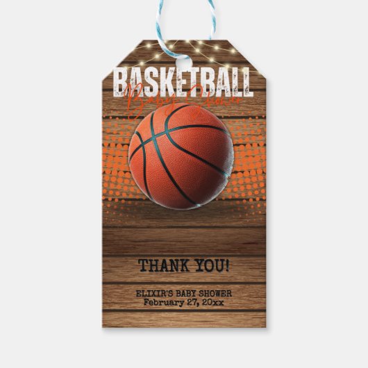 Rustiek Sinaasappel Basketbal Baby shower Cadeaulabel (Voorkant)
