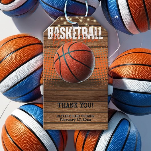 Rustiek Sinaasappel Basketbal Baby shower Cadeaulabel