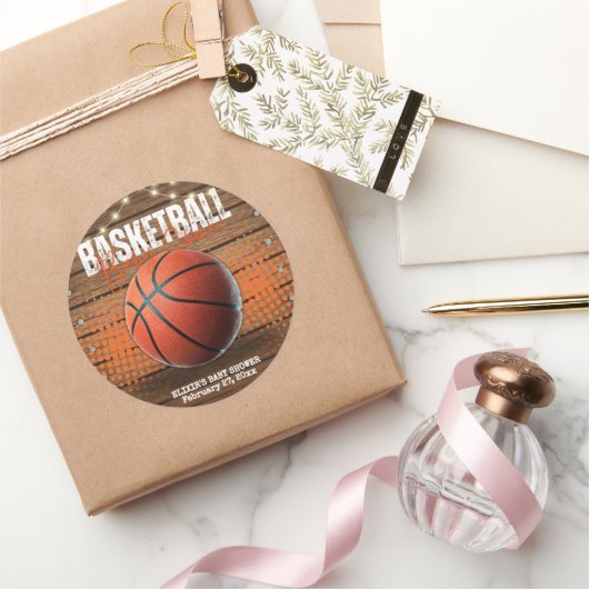 Rustiek Sinaasappel Basketbal Baby shower Ronde Sticker (Geschenken)