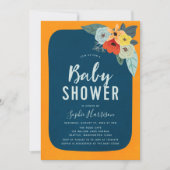 Rustiek Sinaasappel Blauw Bloemen Baby shower Uitn Kaart (Voorkant)