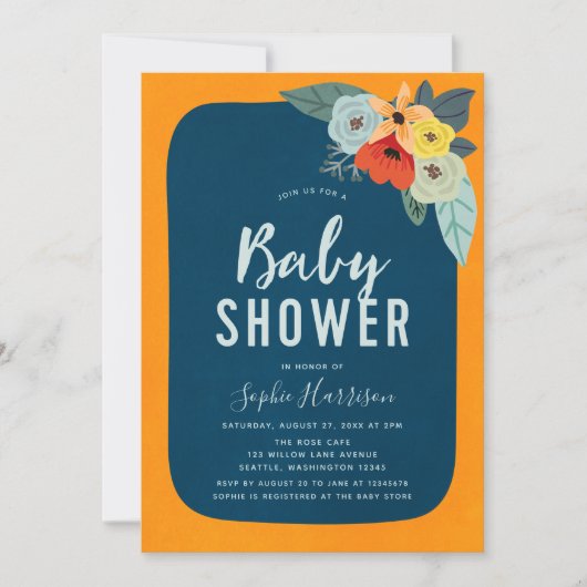 Rustiek Sinaasappel Blauw Bloemen Baby shower Uitn Kaart (Voorkant)