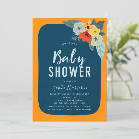 Rustiek Sinaasappel Blauw Bloemen Baby shower Uitn Kaart (Staand voorkant)