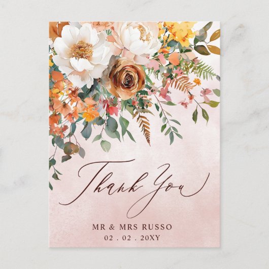 Rustiek Sinaasappel Bloemen Fall Wedding Dank u Briefkaart (Voorkant)
