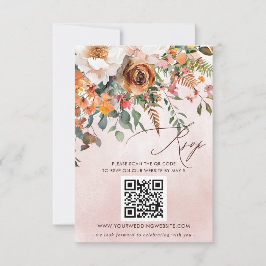Rustiek Sinaasappel Bloemen Fall Wedding QR CODE RSVP Kaartje (Voorkant)