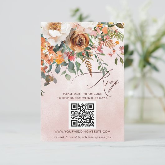 Rustiek Sinaasappel Bloemen Fall Wedding QR CODE RSVP Kaartje (Staand voorkant)