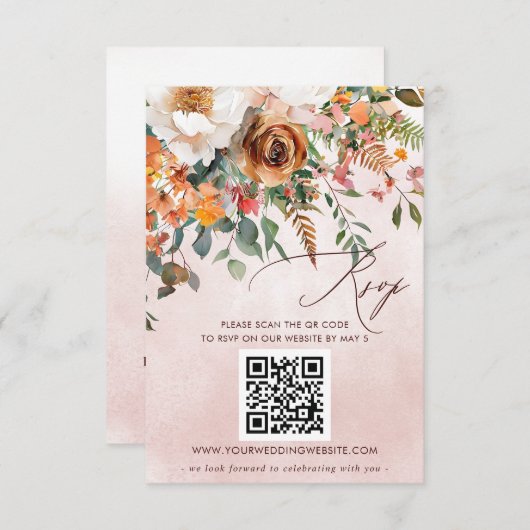 Rustiek Sinaasappel Bloemen Fall Wedding QR CODE RSVP Kaartje (Voorkant / Achterkant)