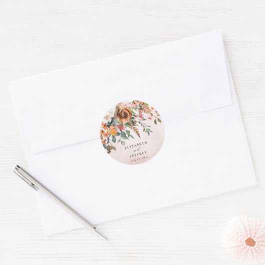 Rustiek Sinaasappel Bloemen Fall Wedding Ronde Sticker (Envelop)