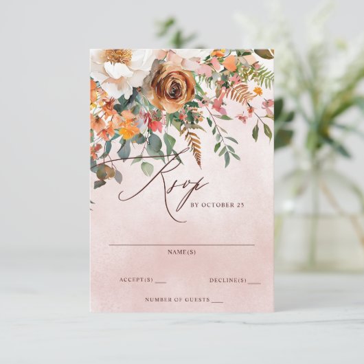 Rustiek Sinaasappel Bloemen Fall Wedding RSVP Kaartje (Staand voorkant)