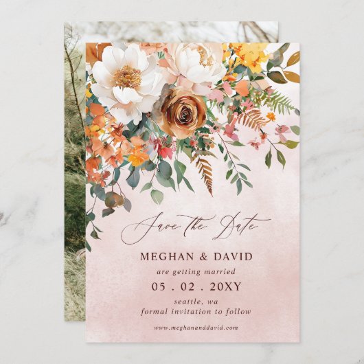 Rustiek Sinaasappel Bloemen Herfst Foto Save The Date (Voorkant / Achterkant)