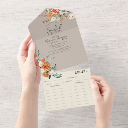 Rustiek Sinaasappel Bloemen Taupe Vrijgezellenfees All In One Uitnodiging (Afscheurbaar)