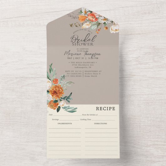 Rustiek Sinaasappel Bloemen Taupe Vrijgezellenfees All In One Uitnodiging (Binnen)