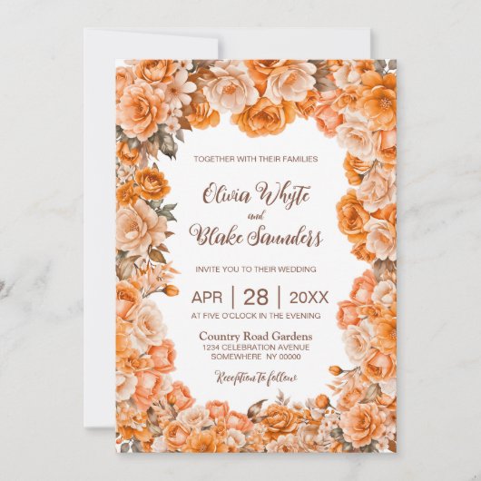 Rustiek Sinaasappel Bloemenbruiloft Kaart (Voorkant)