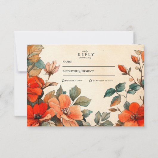 Rustiek Sinaasappel Bloemenbruiloft RSVP Kaartje (Voorkant)