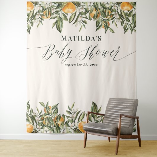 Rustiek sinaasappel citrus botanisch baby shower wandkleed (In situ)