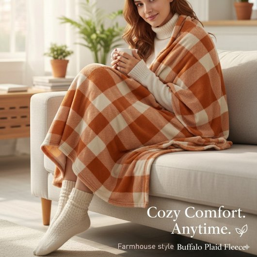 Rustiek Sinaasappel & Crème Buffalo Plaid Boerderi Fleece Deken