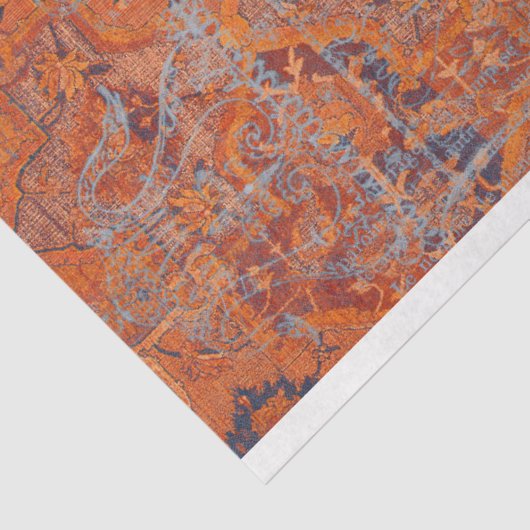 rustiek Sinaasappel en blauw textielpatroon Tissuepapier (Detail)