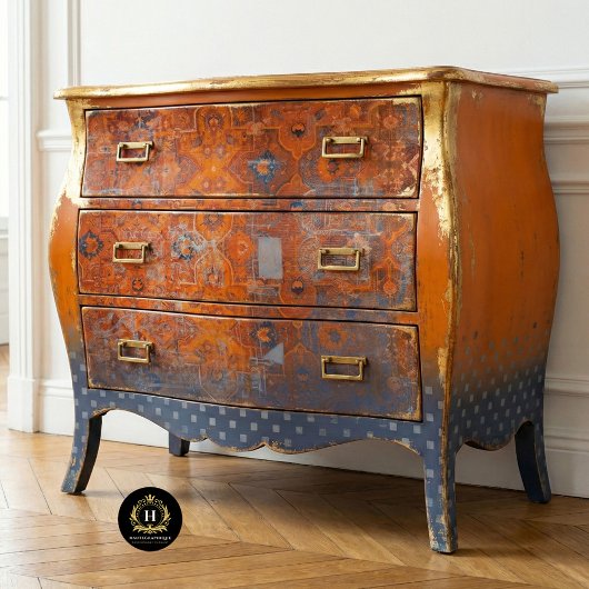  rustiek Sinaasappel en blauw textielpatroon Tissuepapier