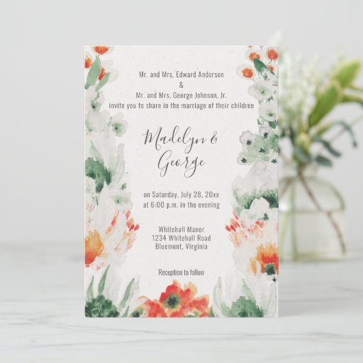 Rustiek Sinaasappel Groen Wit Waterverf Bruiloft Kaart (Staand voorkant)