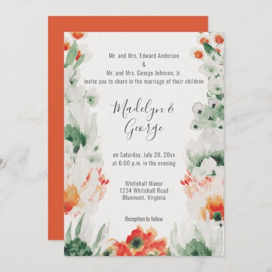 Rustiek Sinaasappel Groen Wit Waterverf Bruiloft Kaart (Voorkant / Achterkant)