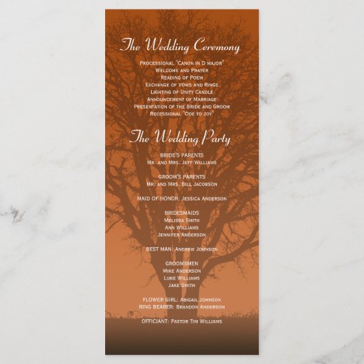 Rustiek Sinaasappel Oak Tree Wedding Programma Programmakaart (Achterkant)