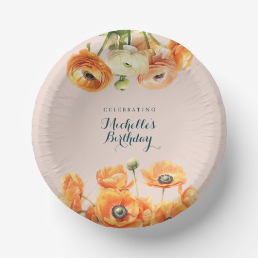 Rustiek Sinaasappel Roze Tuin Bloemen Verjaardagsf Papieren Kommen (Voorkant)