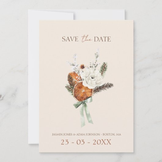 Rustiek Sinaasappel Slices Wit Bloemen Bruiloft Save The Date (Voorkant)