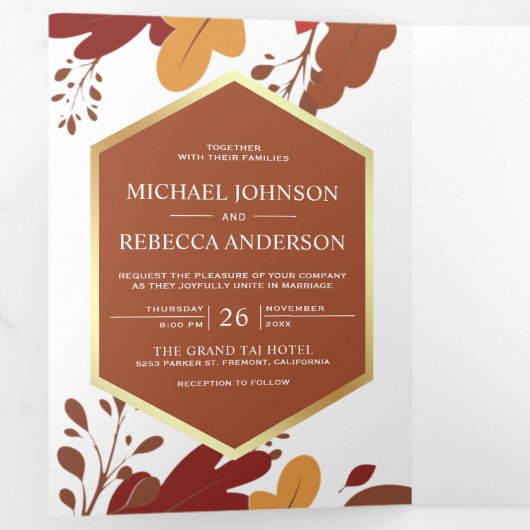 Rustiek Sinaasappel Terracotta Bladeren Huwelijk Drieluik Uitnodiging (Binnenzijde eerst)