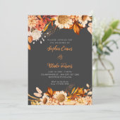 Rustiek Sinaasappel Wit Bloemen Boho Grey Bruiloft Kaart (Staand voorkant)