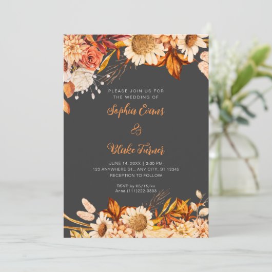 Rustiek Sinaasappel Wit Bloemen Boho Grey Bruiloft Kaart (Staand voorkant)