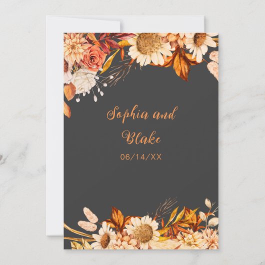 Rustiek Sinaasappel Wit Bloemen Boho Grey Bruiloft Kaart (Achterkant)