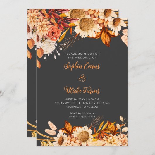 Rustiek Sinaasappel Wit Bloemen Boho Grey Bruiloft Kaart (Voorkant / Achterkant)