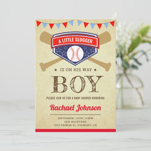 rustiek sportjongen honkbal Baby shower Kaart (Staand voorkant)