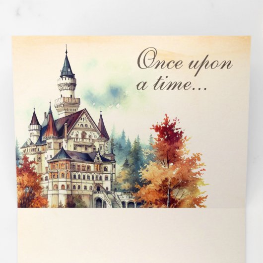 Rustiek Sprookje Kasteel QR Code Verhaal Boek Brui Drieluik Uitnodiging (Binnenzijde eerst)