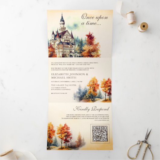 Rustiek Sprookje Kasteel QR Code Verhaal Boek Brui Drieluik Uitnodiging (Binnen)