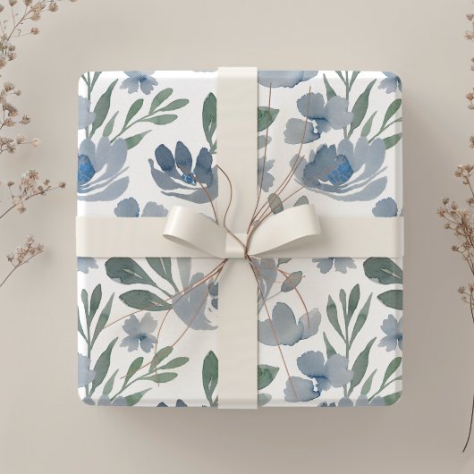 Rustiek Stof Blauw Bloemmotief Waterverf Patroon Inpakpapier Vel