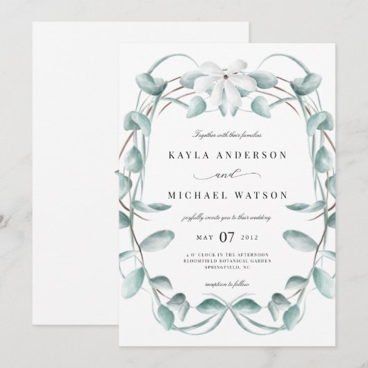 Rustiek stoffig blauw eucalyptus groen bruiloft kaart (Voorkant / Achterkant)