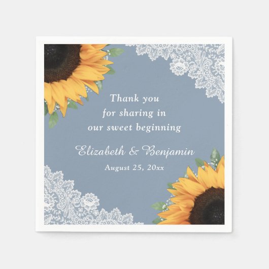 Rustiek Stoffig Blauw Kant Zonnebloem Bloemen Brui Servet (Voorkant)