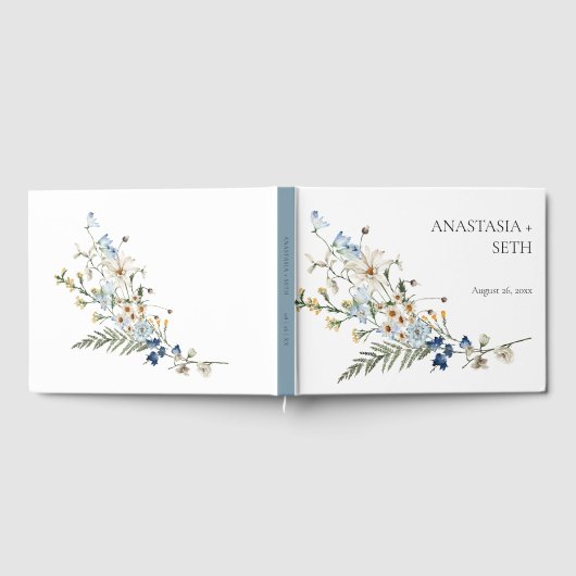Rustiek Stoffig Blauw Wildbloemen & Daisies Bruilo Gastenboek (Volledig)