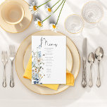 Rustiek Stoffig Blauw Wildbloemen & Daisies Bruilo Menu<br><div class="desc">Ontdek de belichaming van rustieke elegantie met ons rustieke huwelijksmenu, waar tijdloze schoonheid de delicate gratie van natuur ontmoet. Tegen een ongerepte witte achtergrond komt er een handbeschilderd waterverf boeket tevoorschijn, met een harmonieuze mix van stoffige blauwe en zacht gele wilde bloemen, naast de zuiverheid van witte madeliefjes en rozen....</div>