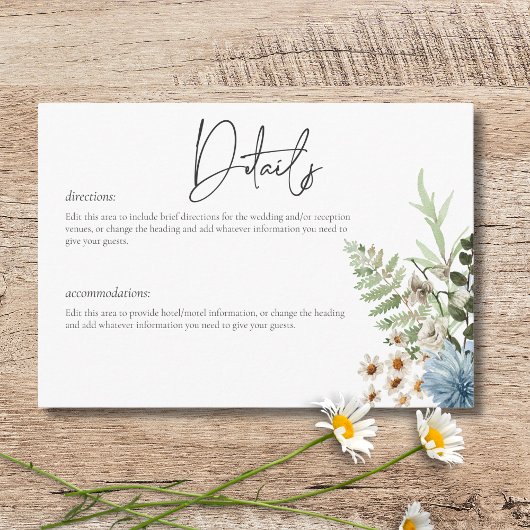 Rustiek Stoffig Blauw Wildbloemen & Daisies Detail Informatiekaartje