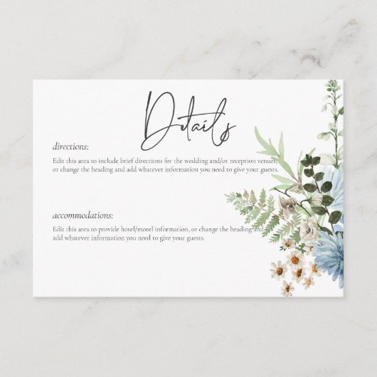 Rustiek Stoffig Blauw Wildbloemen & Daisies Detail Informatiekaartje (Voorkant)