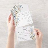 Rustiek Stoffig Blauw Wildbloemen & Daisies Diner All In One Uitnodiging (Afscheurbaar)