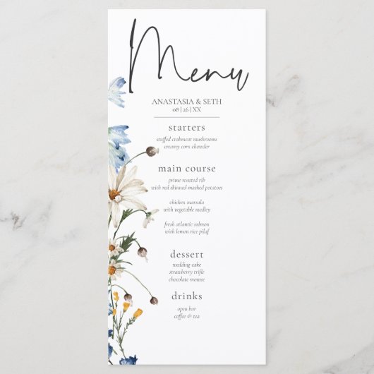 Rustiek Stoffig Blauw Wildbloemen & Daisies Lang Menu (Voorkant)