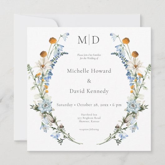 Rustiek Stoffig Blauw Wildbloemen & Daisies Plein Kaart (Voorkant)