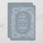 Rustiek Stoffig Blauw & Wit Bloemen Vogel Bruiloft Kaart (Voorkant / Achterkant)